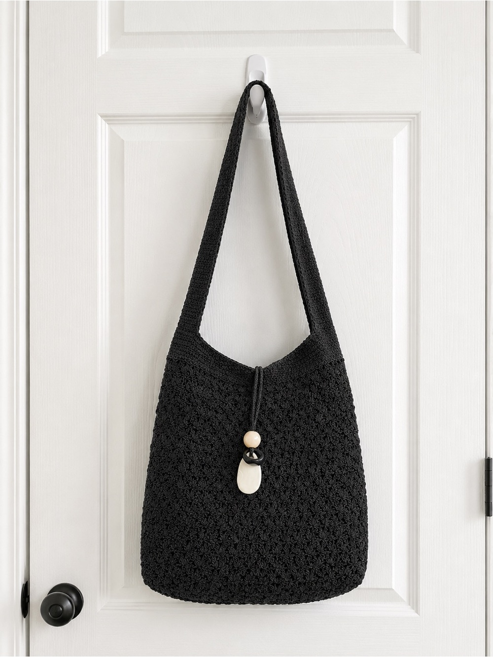 Black Crochet Shoulder Bag with Bead Accent
